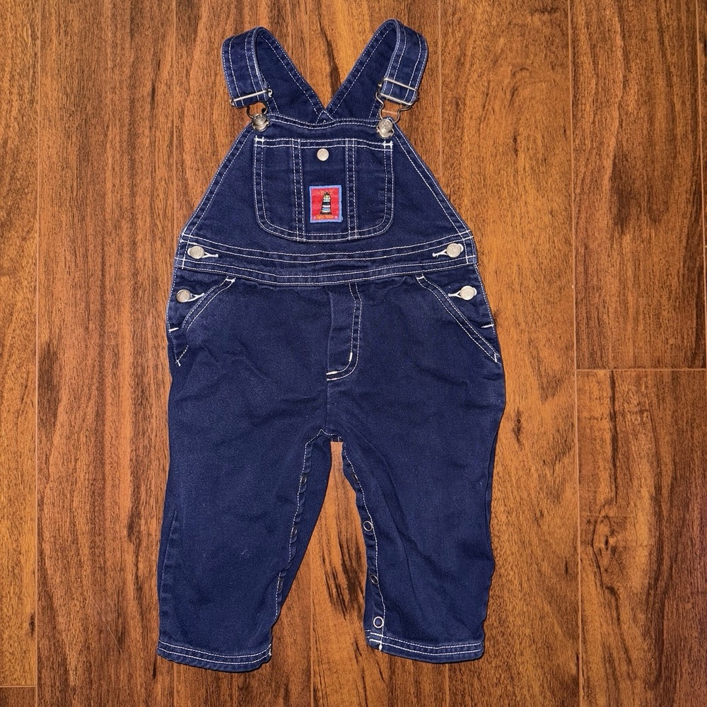 Vintage Gymboree Lighthouse Denim Overalls XS 12–18M Nautical Patch Cotton 90s